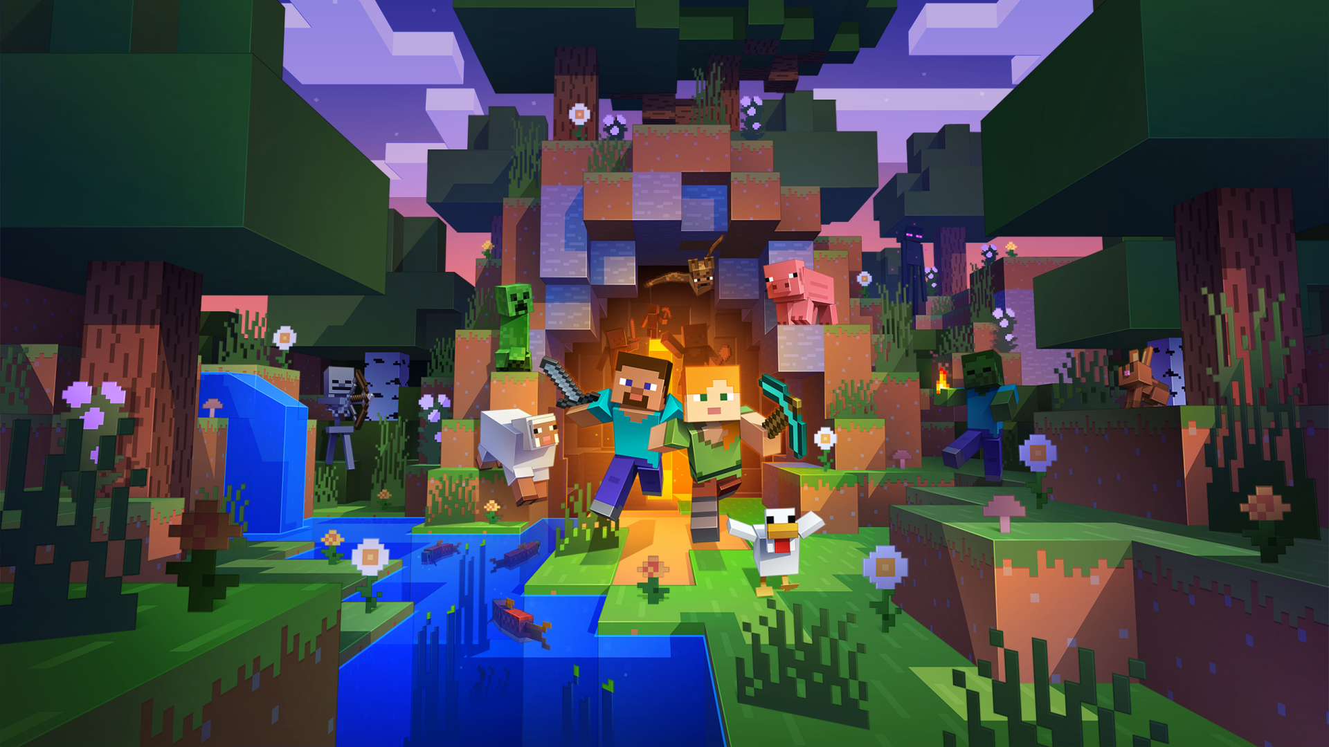 A Minecraft landscape at sunset